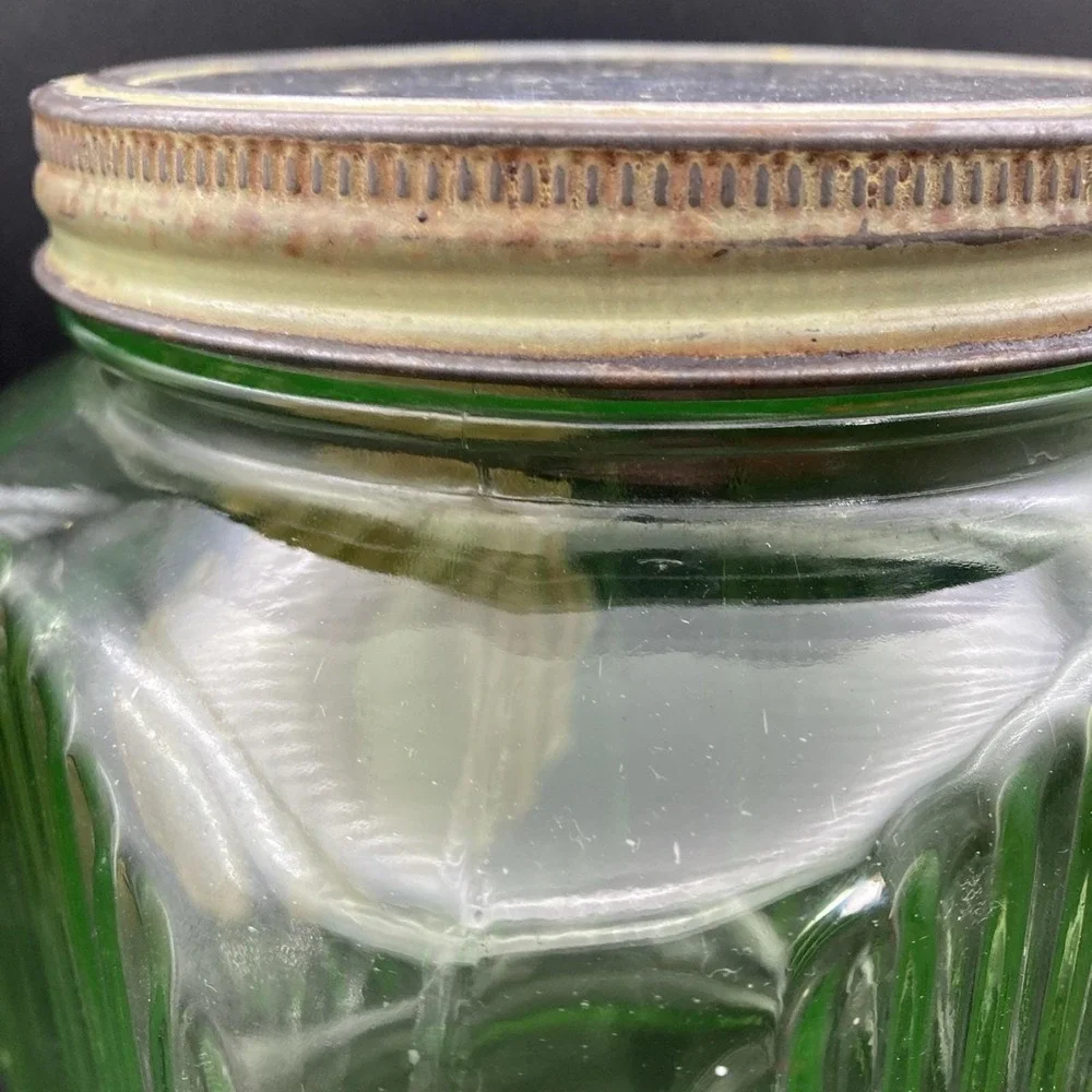 Vtg Anchor Hocking Jar Hoosier Ribbed Green Uranium Co-Op Coffee Sugar Label #2